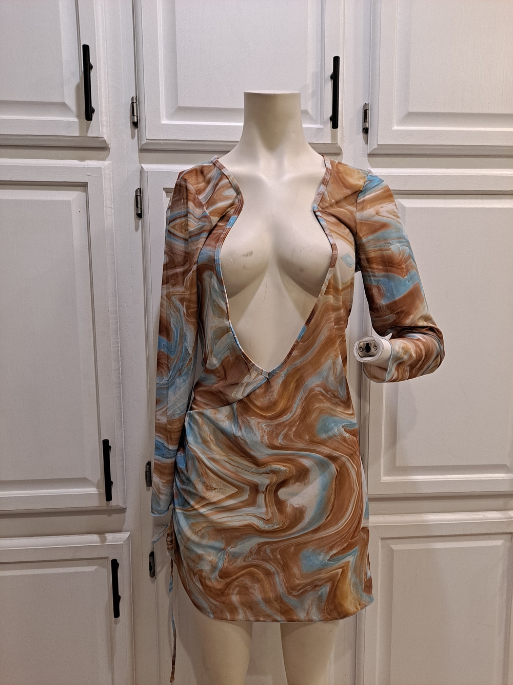 ROMWE Brown & Blue Marble Plunge Vneck Mesh Swimsuit Coverup Ruched Side